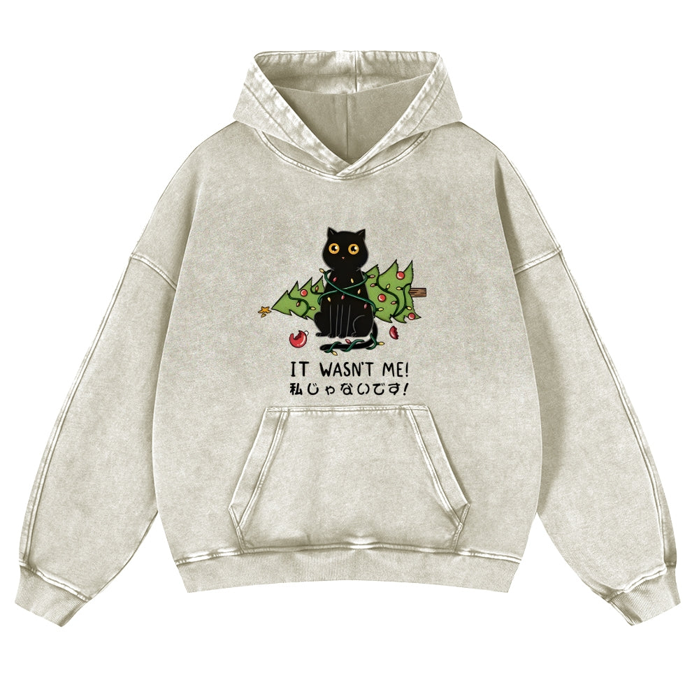 Christmas Black Cat Vintage Washed Thick Cotton Hoodie