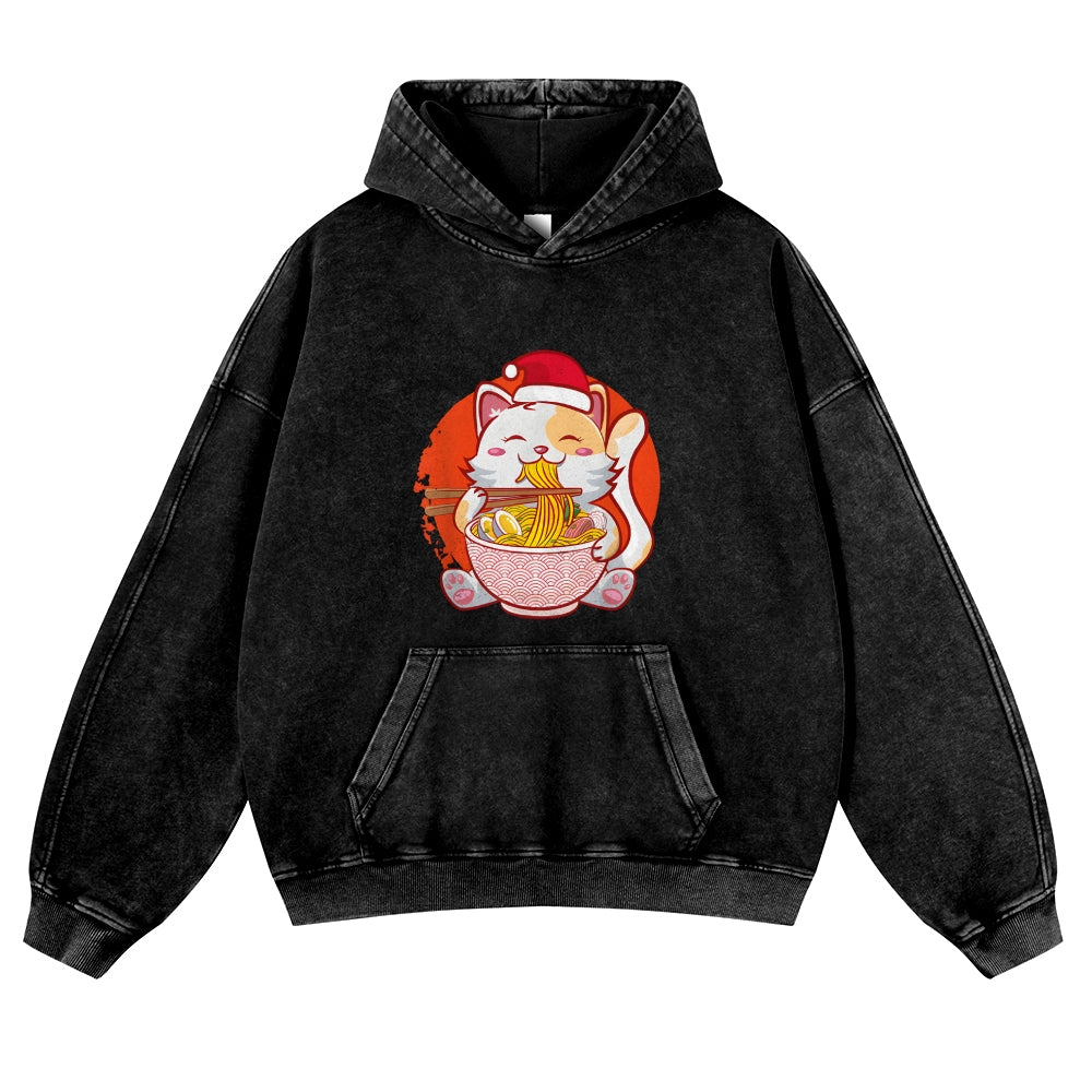 Christmas Ramen Cat Vintage Washed Thick Cotton Hoodie