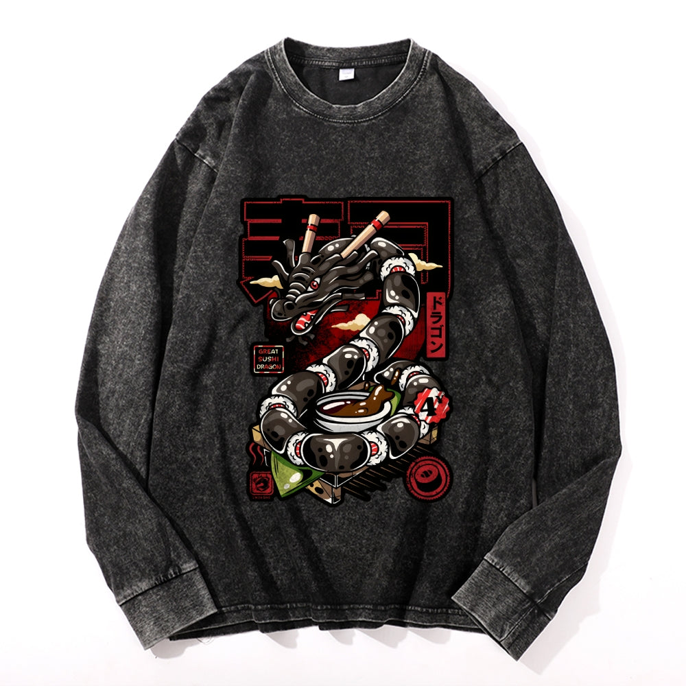Sushi Dragon Vintage Cotton Wash Crewneck Long-Sleeve T-Shirt