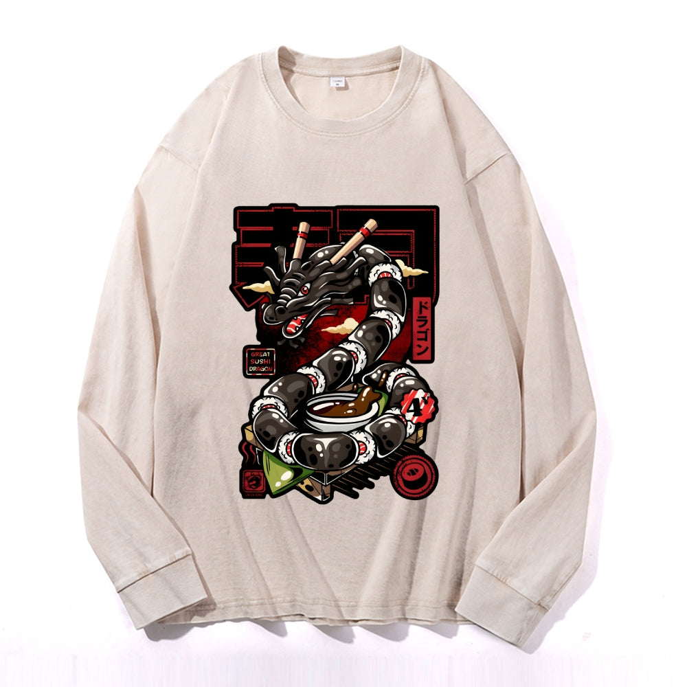 Sushi Dragon Vintage Cotton Wash Crewneck Long-Sleeve T-Shirt