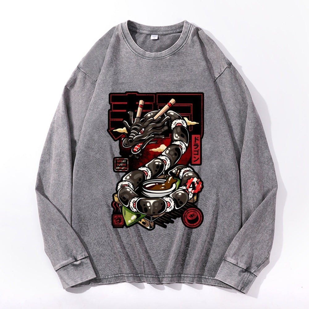 Sushi Dragon Vintage Cotton Wash Crewneck Long-Sleeve T-Shirt