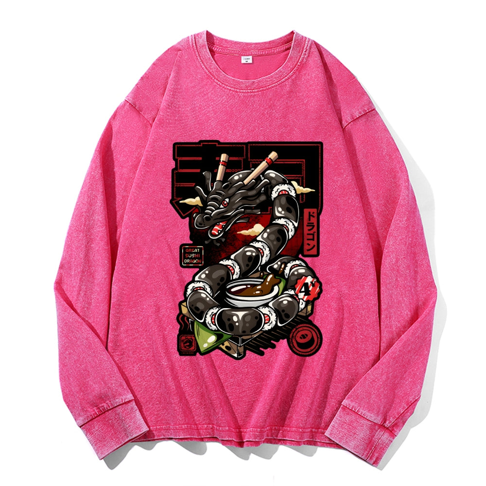 Sushi Dragon Vintage Cotton Wash Crewneck Long-Sleeve T-Shirt