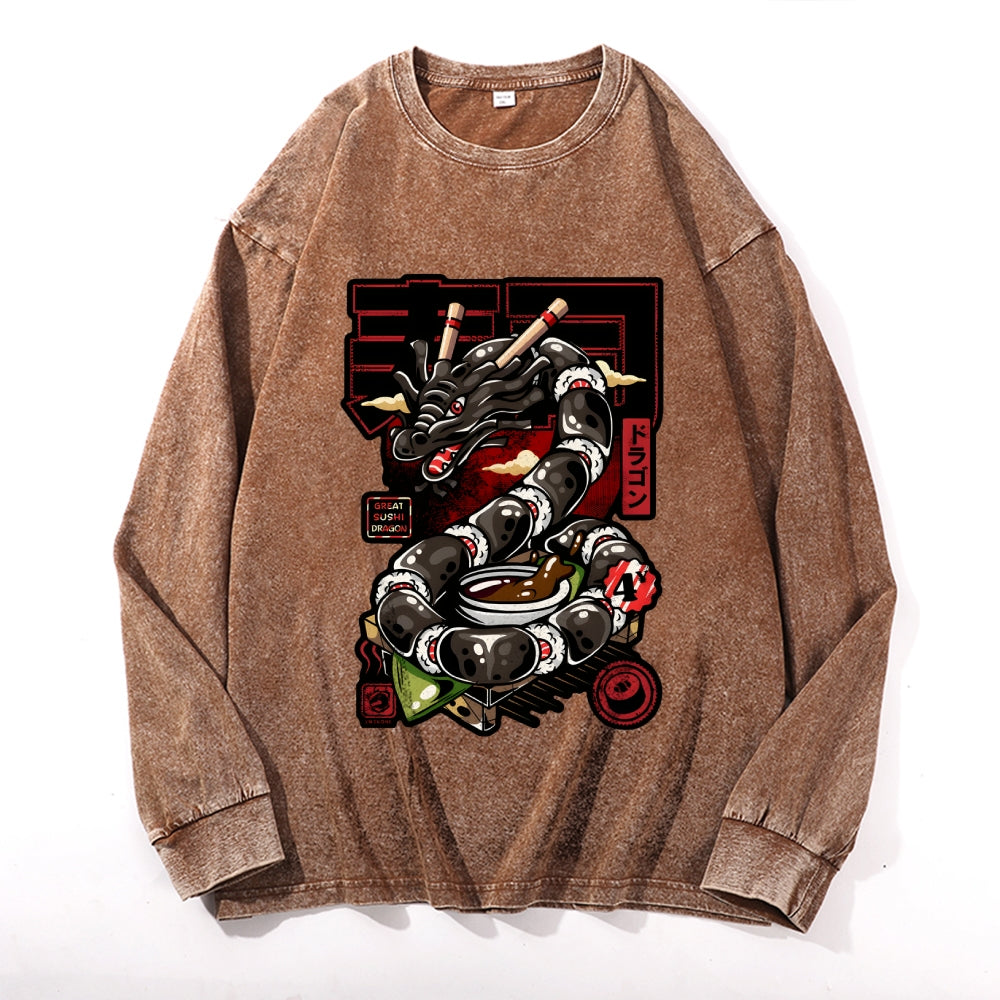 Sushi Dragon Vintage Cotton Wash Crewneck Long-Sleeve T-Shirt