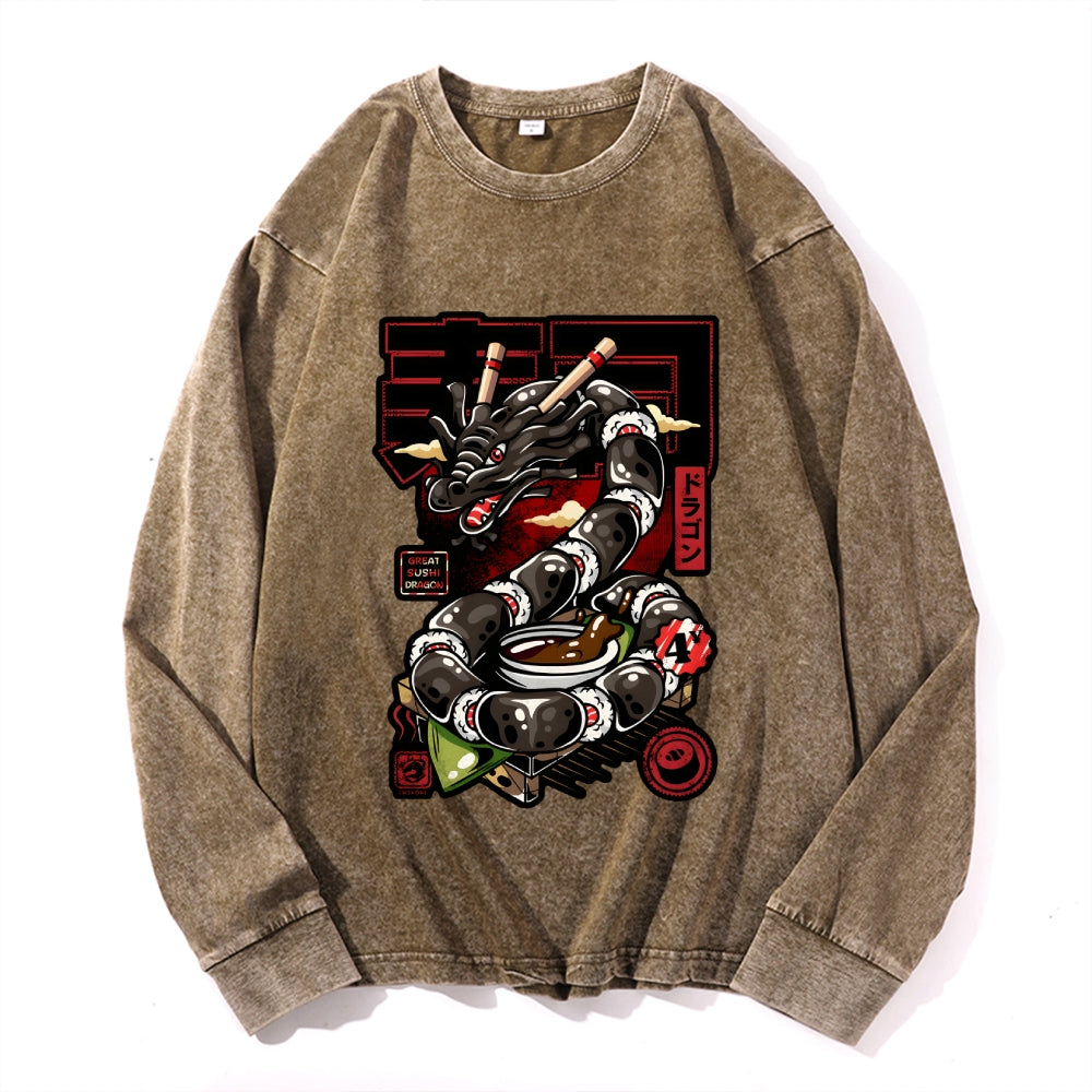 Sushi Dragon Vintage Cotton Wash Crewneck Long-Sleeve T-Shirt
