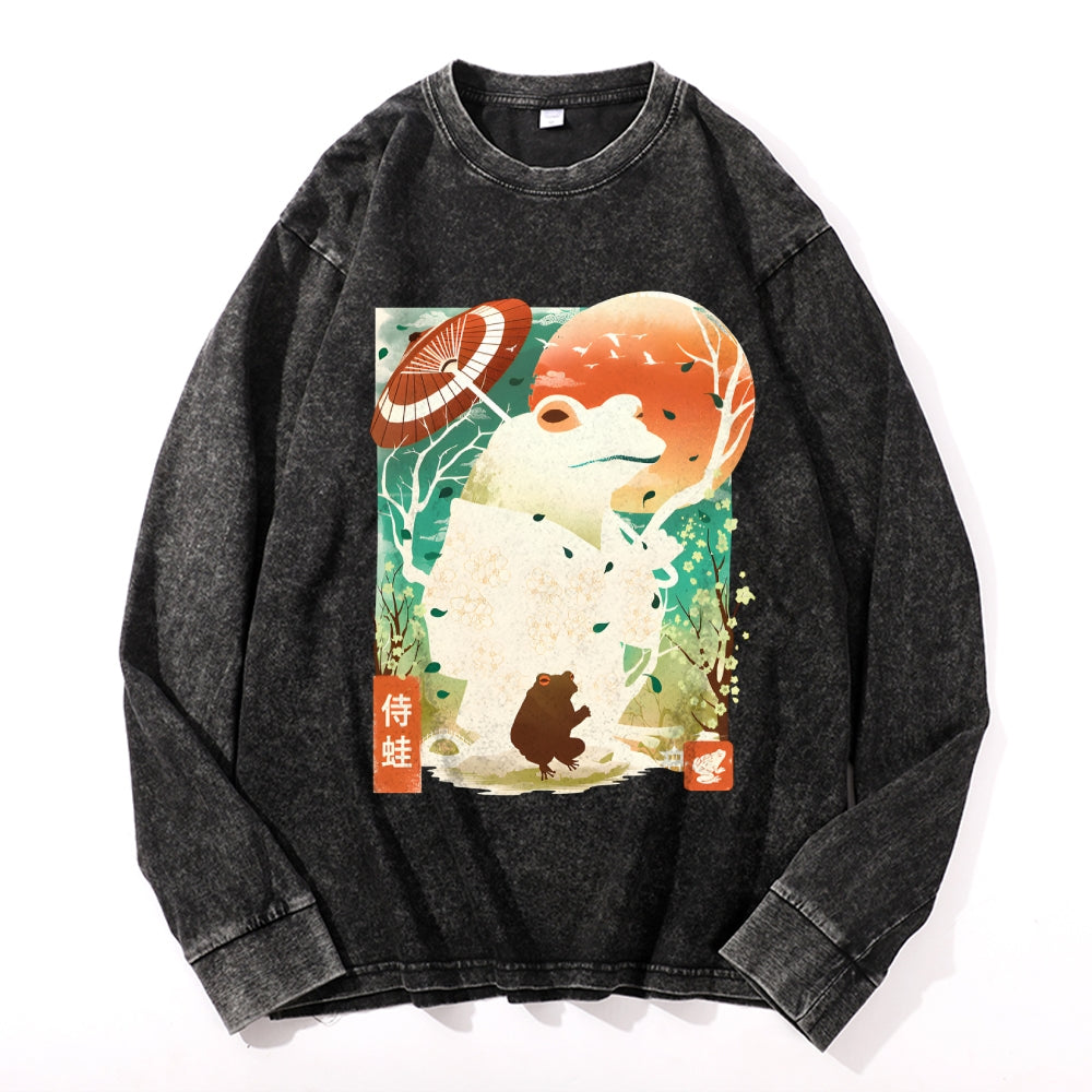 Frog Warrior Vintage Cotton Wash Crewneck Long-Sleeve T-Shirt