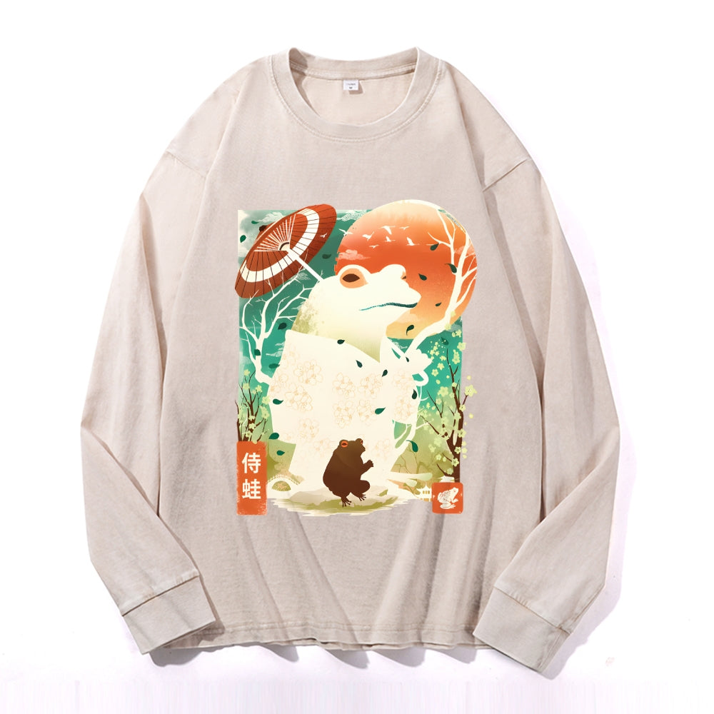 Frog Warrior Vintage Cotton Wash Crewneck Long-Sleeve T-Shirt