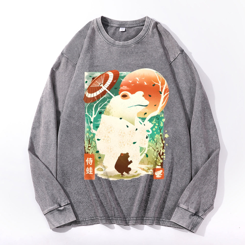 Frog Warrior Vintage Cotton Wash Crewneck Long-Sleeve T-Shirt