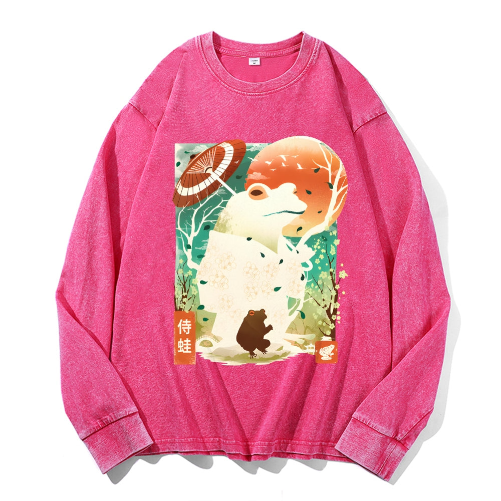 Frog Warrior Vintage Cotton Wash Crewneck Long-Sleeve T-Shirt