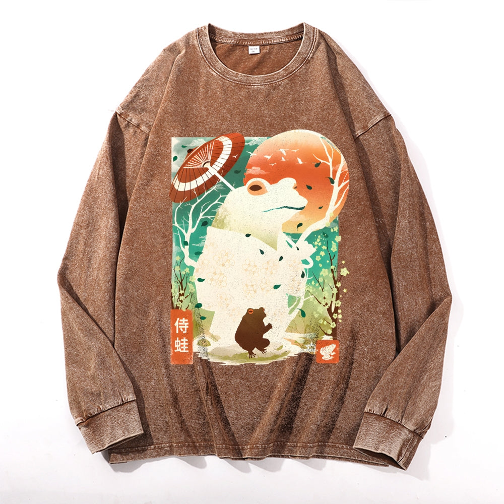 Frog Warrior Vintage Cotton Wash Crewneck Long-Sleeve T-Shirt