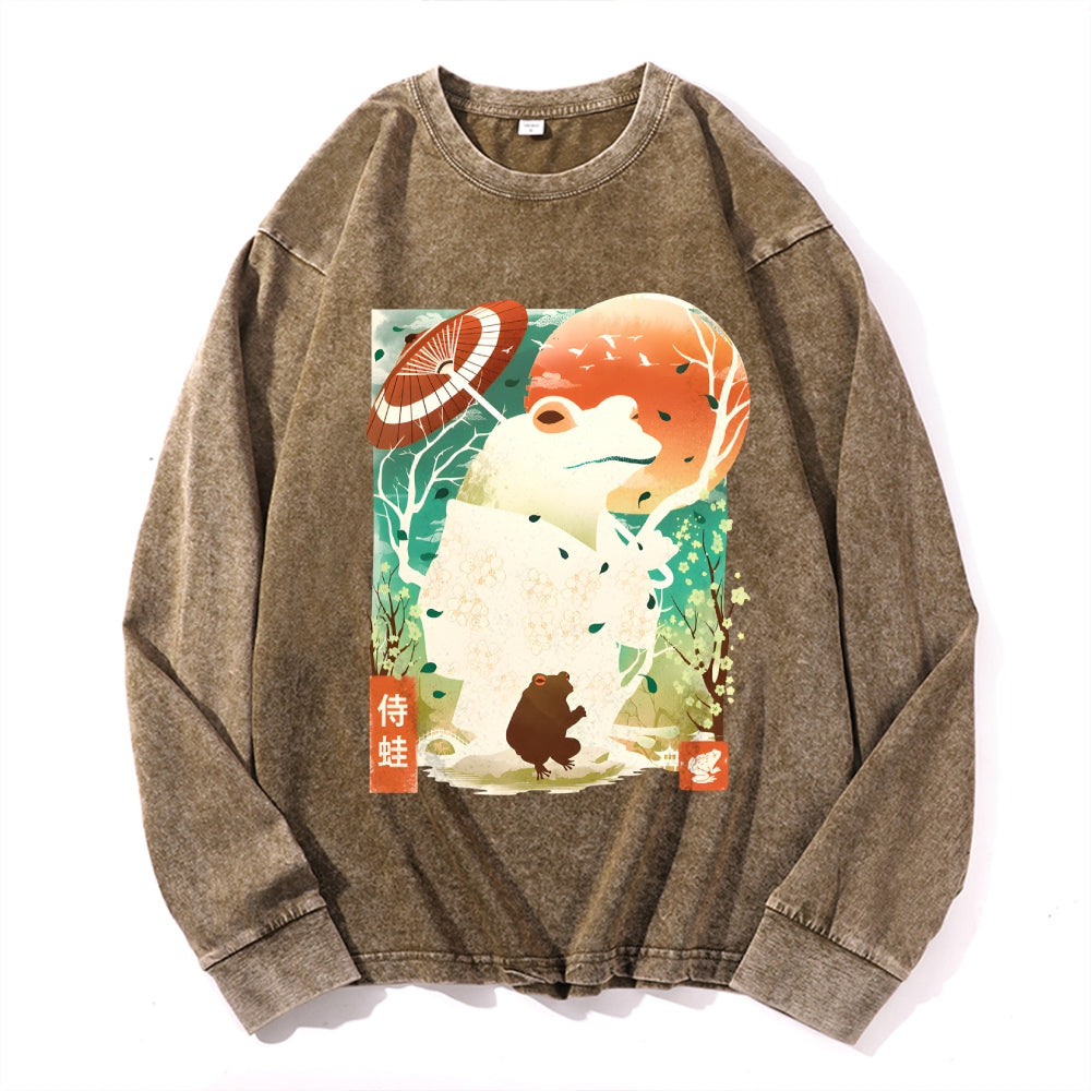 Frog Warrior Vintage Cotton Wash Crewneck Long-Sleeve T-Shirt