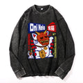 Ghost Cat Vintage Cotton Wash Crewneck Long-Sleeve T-Shirt