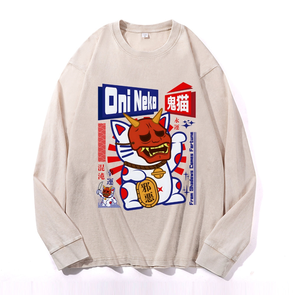 Ghost Cat Vintage Cotton Wash Crewneck Long-Sleeve T-Shirt
