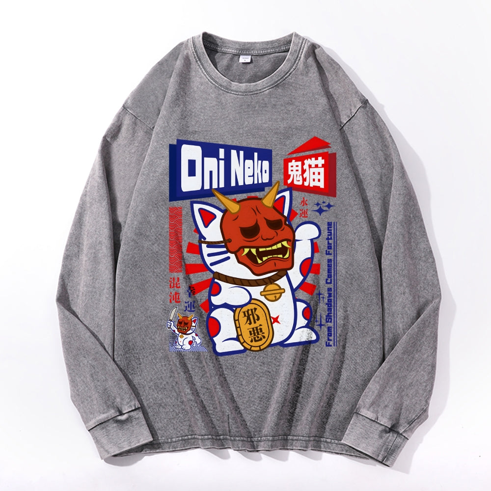 Ghost Cat Vintage Cotton Wash Crewneck Long-Sleeve T-Shirt