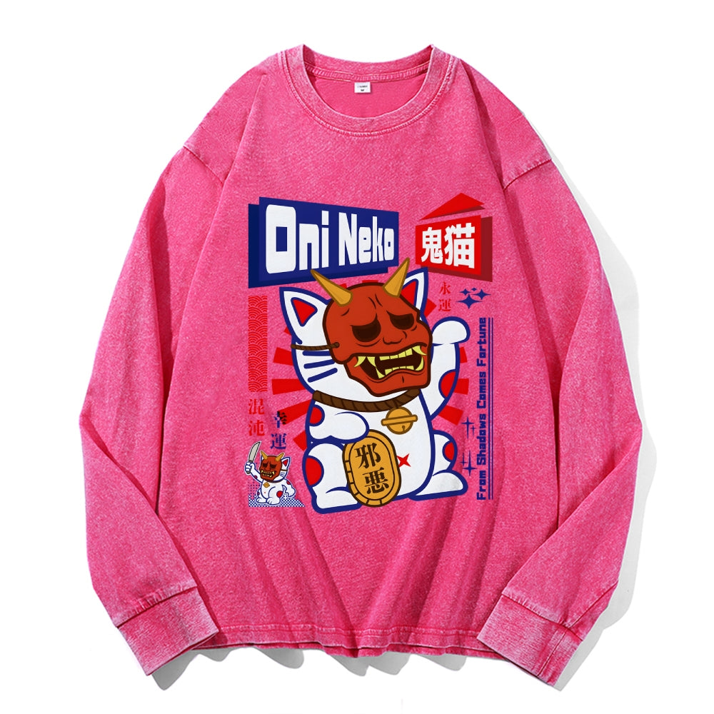 Ghost Cat Vintage Cotton Wash Crewneck Long-Sleeve T-Shirt