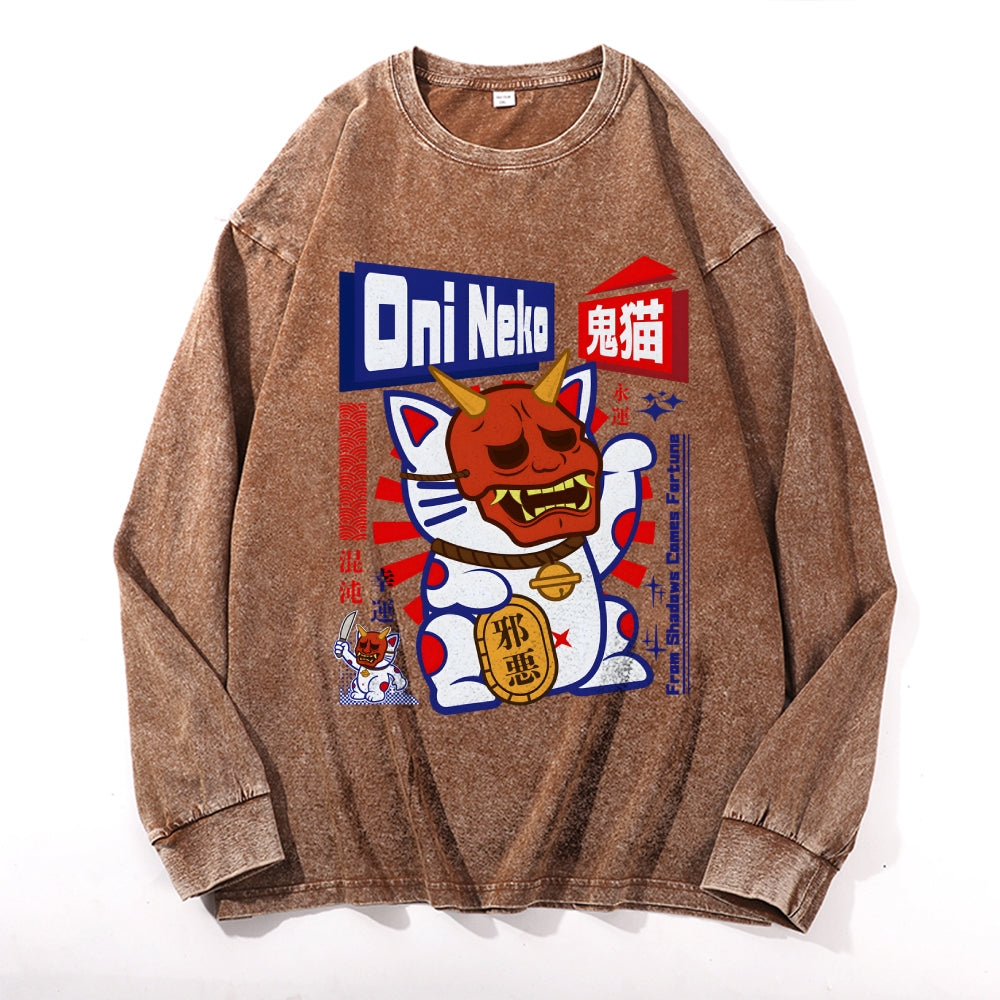 Ghost Cat Vintage Cotton Wash Crewneck Long-Sleeve T-Shirt
