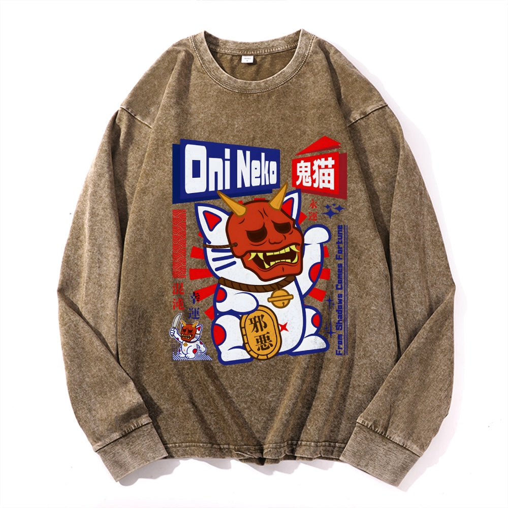Ghost Cat Vintage Cotton Wash Crewneck Long-Sleeve T-Shirt