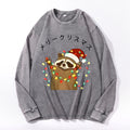 Christmas Raccoon Vintage Cotton Wash Crewneck Long-Sleeve T-Shirt