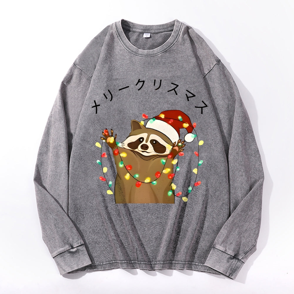 Christmas Raccoon Vintage Cotton Wash Crewneck Long-Sleeve T-Shirt