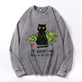 Christmas Black Cat Vintage Cotton Wash Crewneck Long-Sleeve T-Shirt