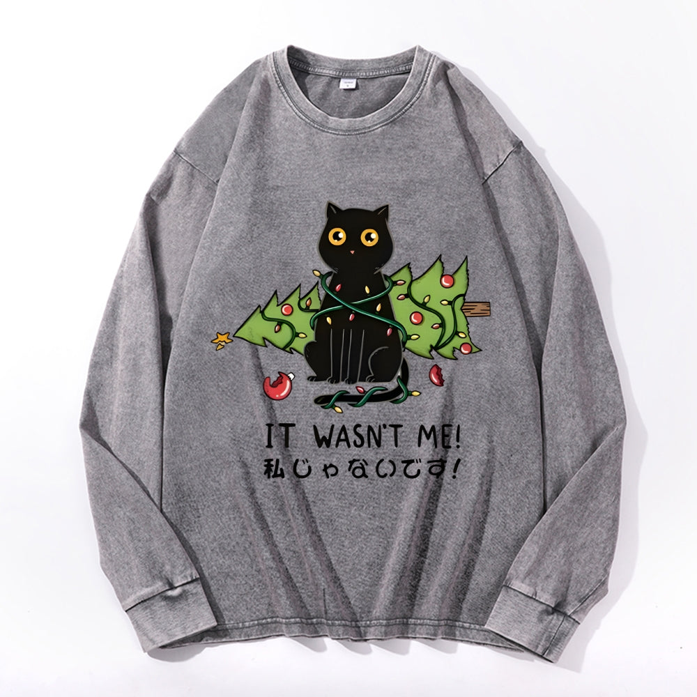 Christmas Black Cat Vintage Cotton Wash Crewneck Long-Sleeve T-Shirt