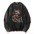 Christmas Skull Vintage Cotton Wash Crewneck Long-Sleeve T-Shirt