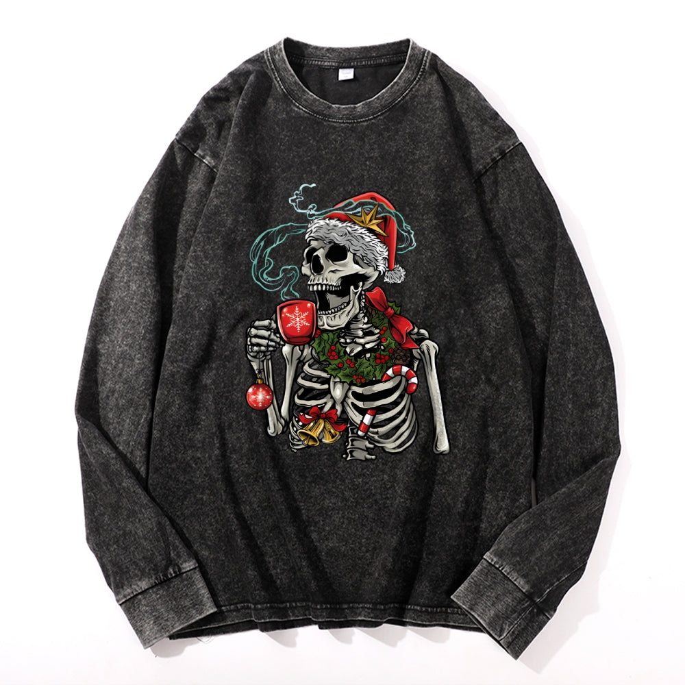 Christmas Skull Vintage Cotton Wash Crewneck Long-Sleeve T-Shirt