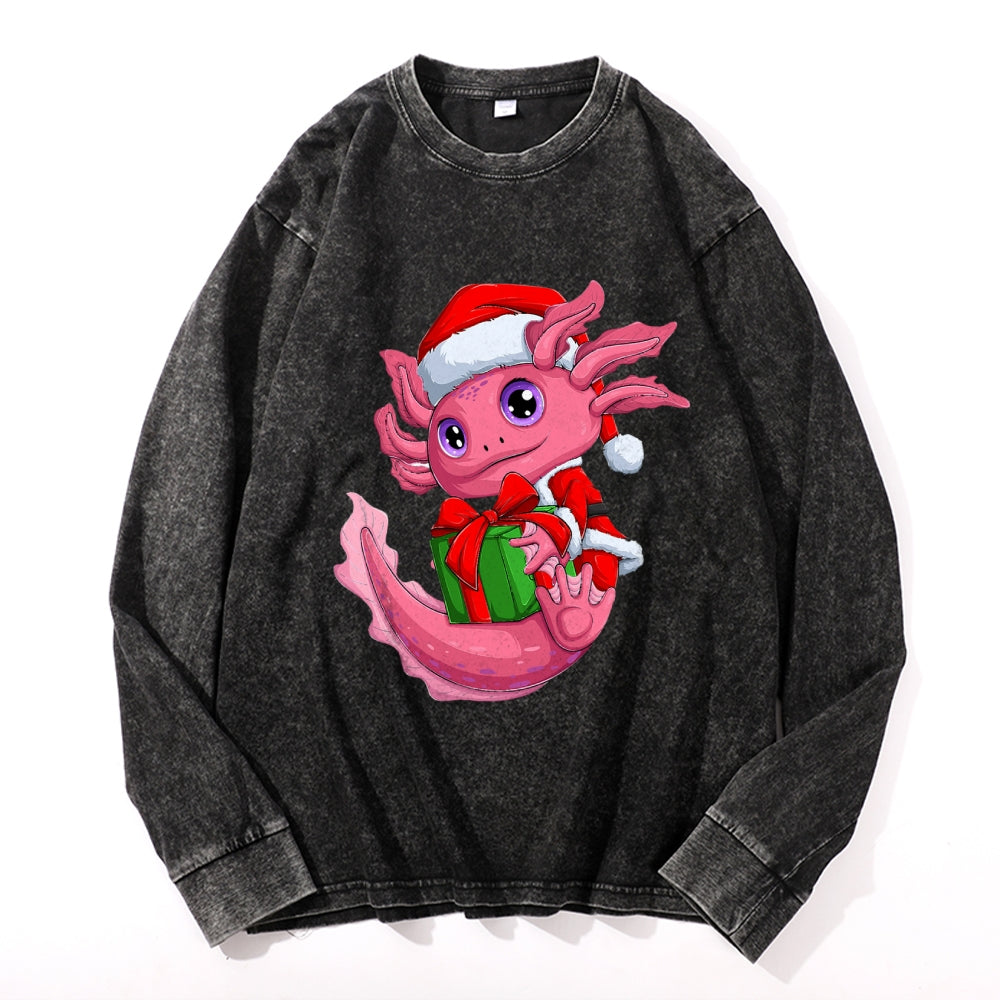 Axolotl Lover Christmas Vintage Cotton Wash Crewneck Long-Sleeve T-Shirt