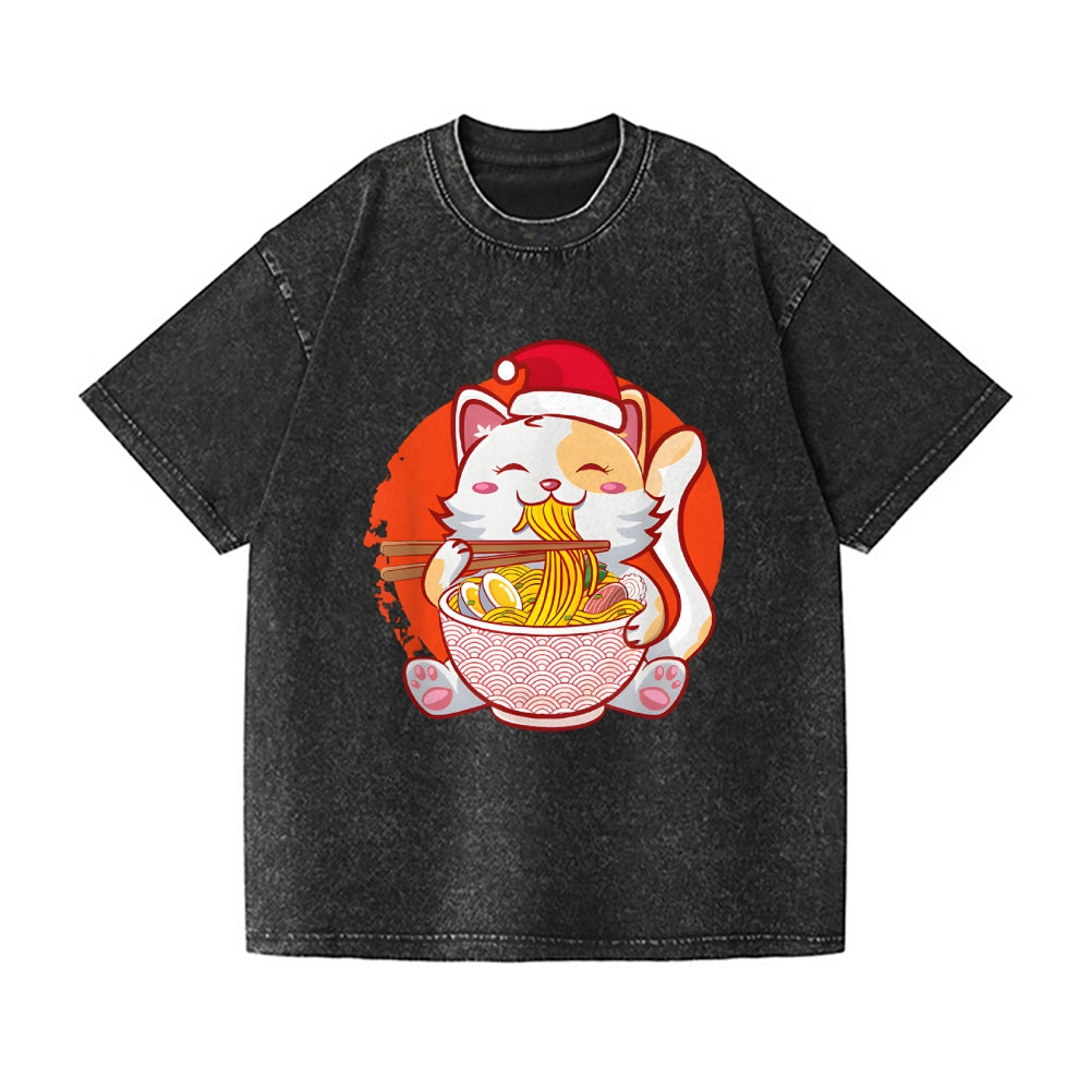 Christmas Ramen Cat Vintage Wash Japanese Design T-Shirt