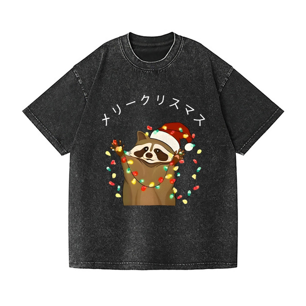 Christmas Raccoon Vintage Wash Japanese Design T-Shirt