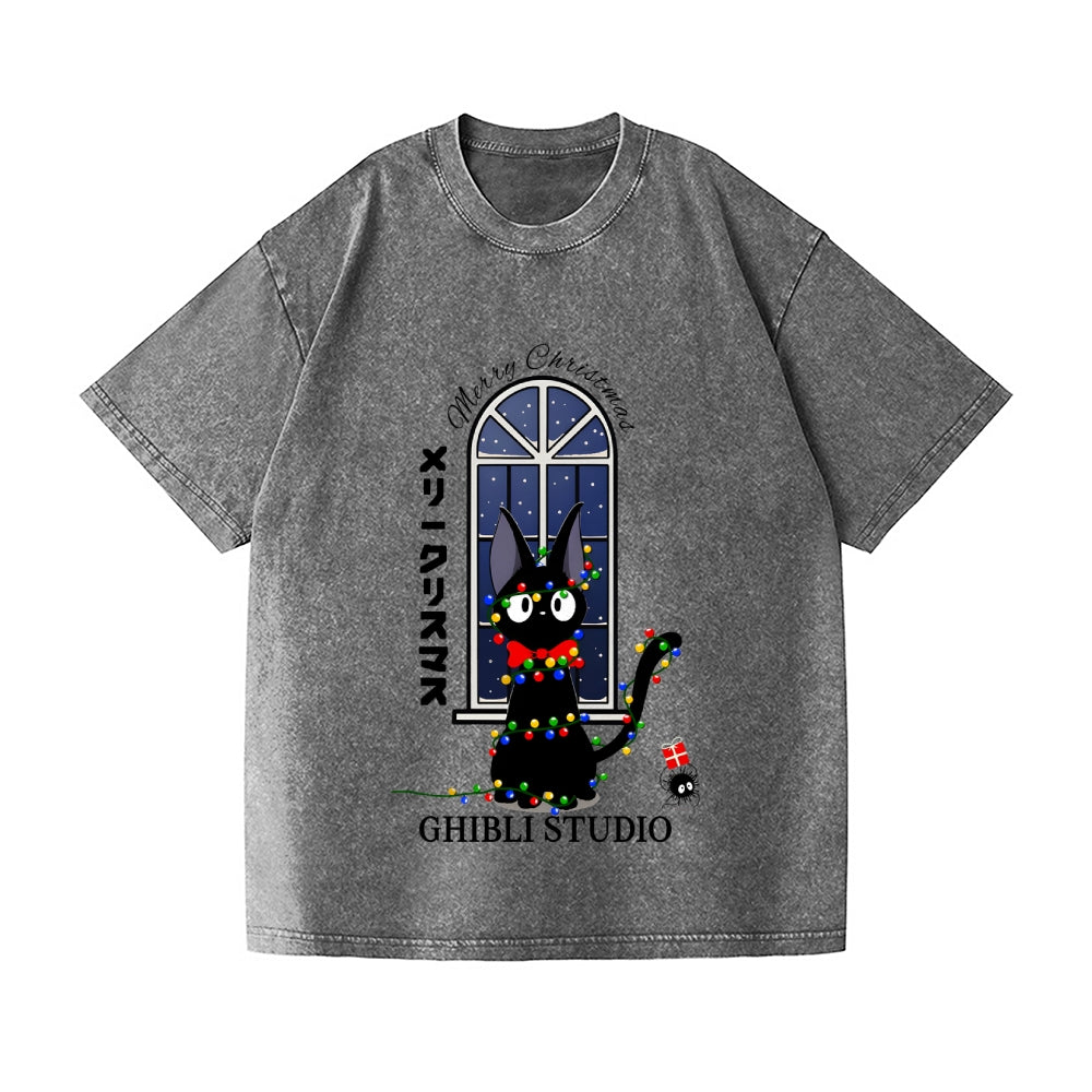 Ghibli Cat Merry Christmas Vintage Wash Japanese Design T-Shirt