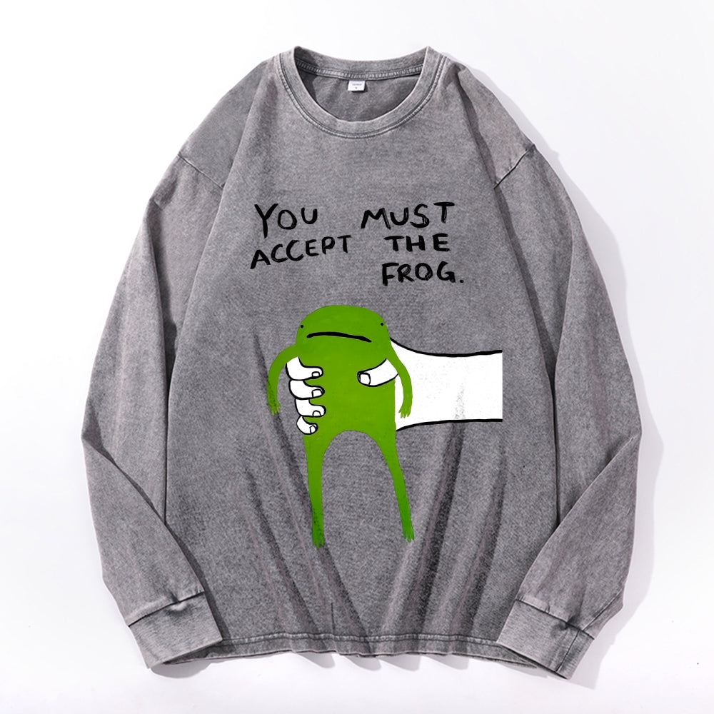 Give You Frog Vintage Cotton Wash Crewneck Long-Sleeve T-Shirt