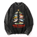 Christmas Tree Fish Vintage Cotton Wash Crewneck Long-Sleeve T-Shirt