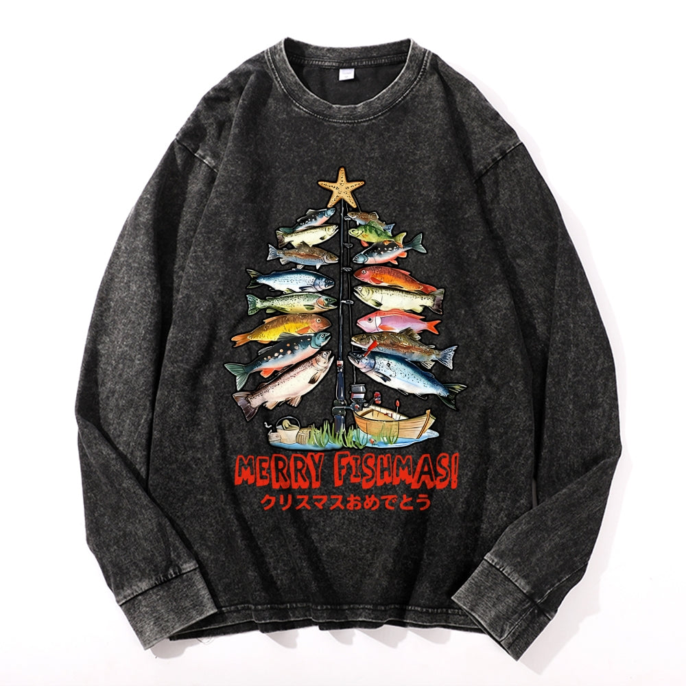 Christmas Tree Fish Vintage Cotton Wash Crewneck Long-Sleeve T-Shirt