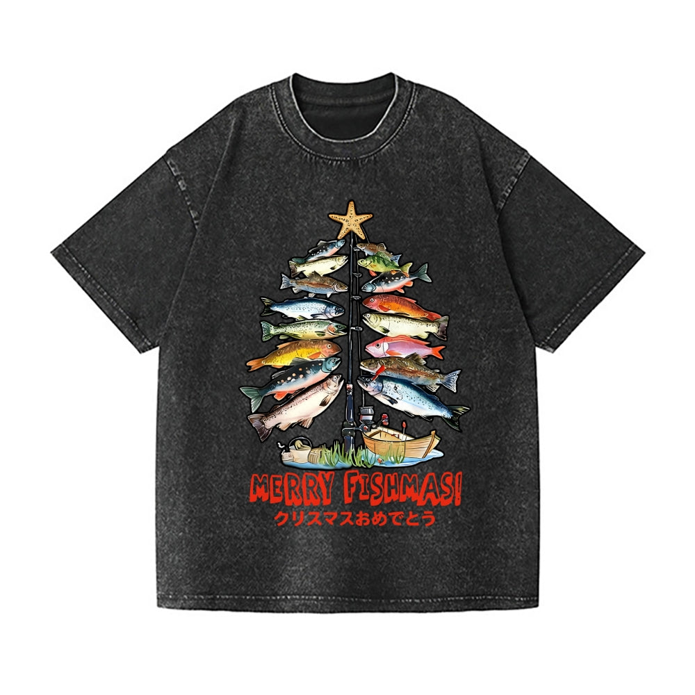 Christmas Tree Fish Vintage Wash Japanese Design T-Shirt