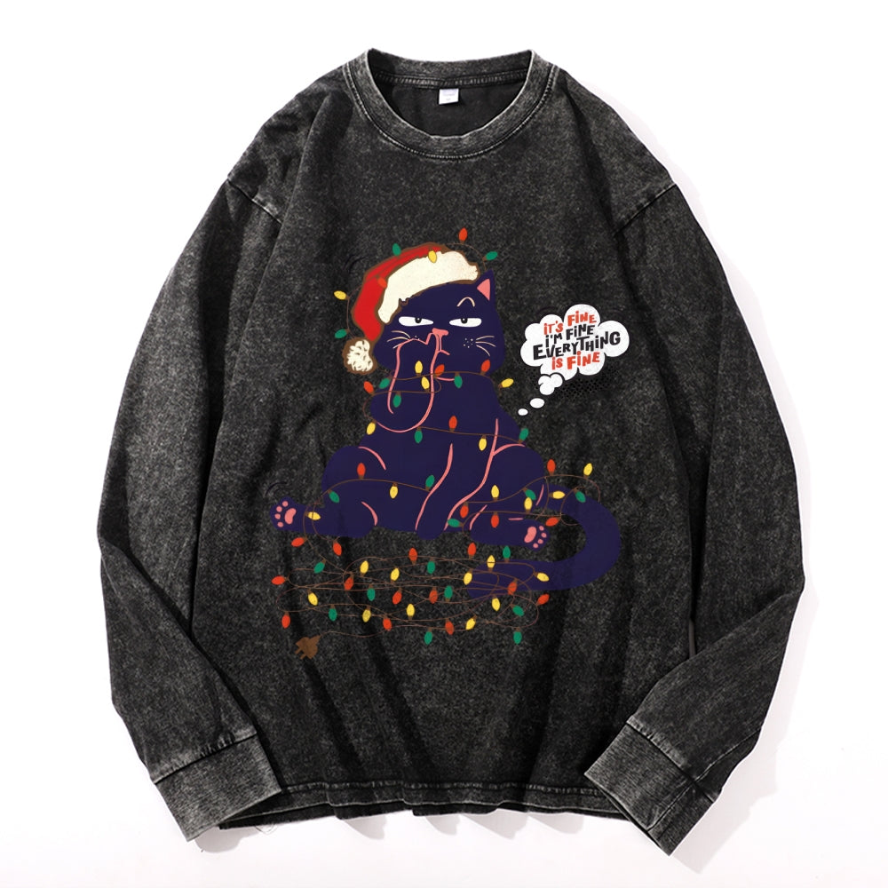 Christmas Cat Vintage Cotton Wash Crewneck Long-Sleeve T-Shirt