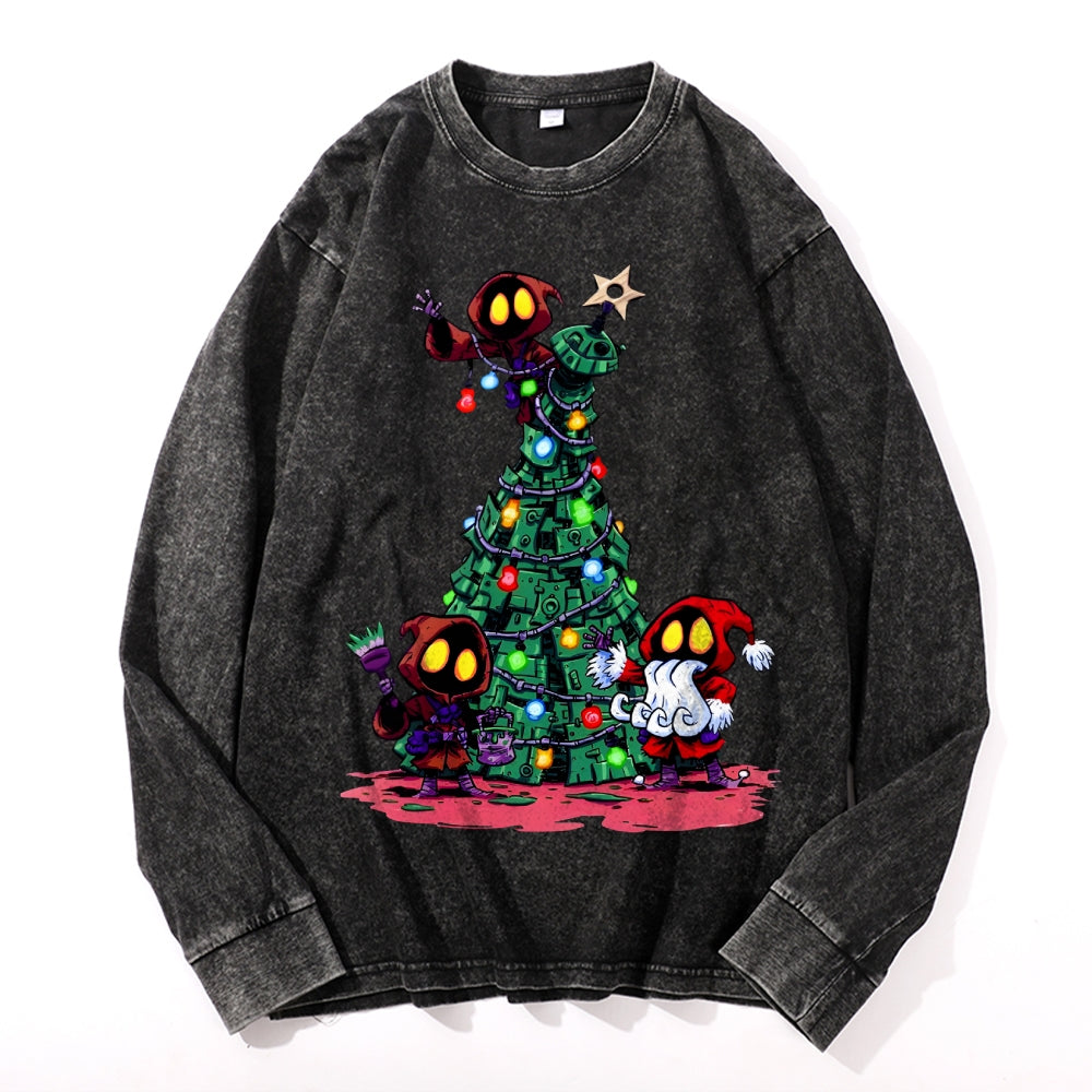Christmas Tree Vintage Cotton Wash Crewneck Long-Sleeve T-Shirt