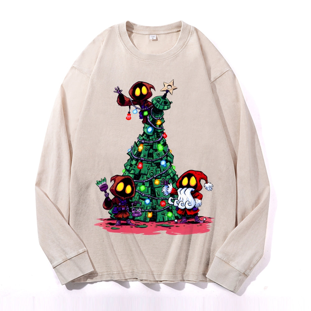 Christmas Tree Vintage Cotton Wash Crewneck Long-Sleeve T-Shirt