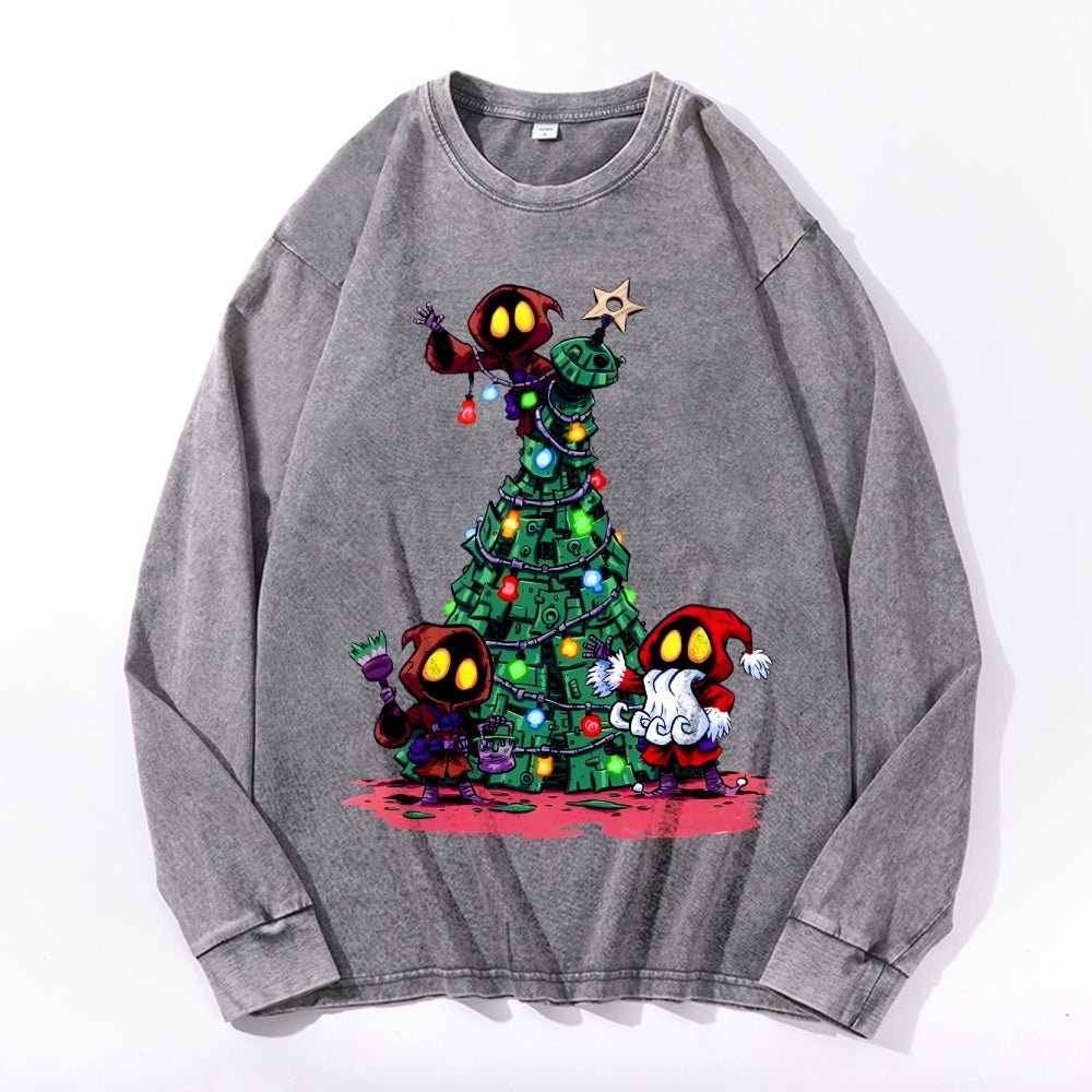 Christmas Tree Vintage Cotton Wash Crewneck Long-Sleeve T-Shirt