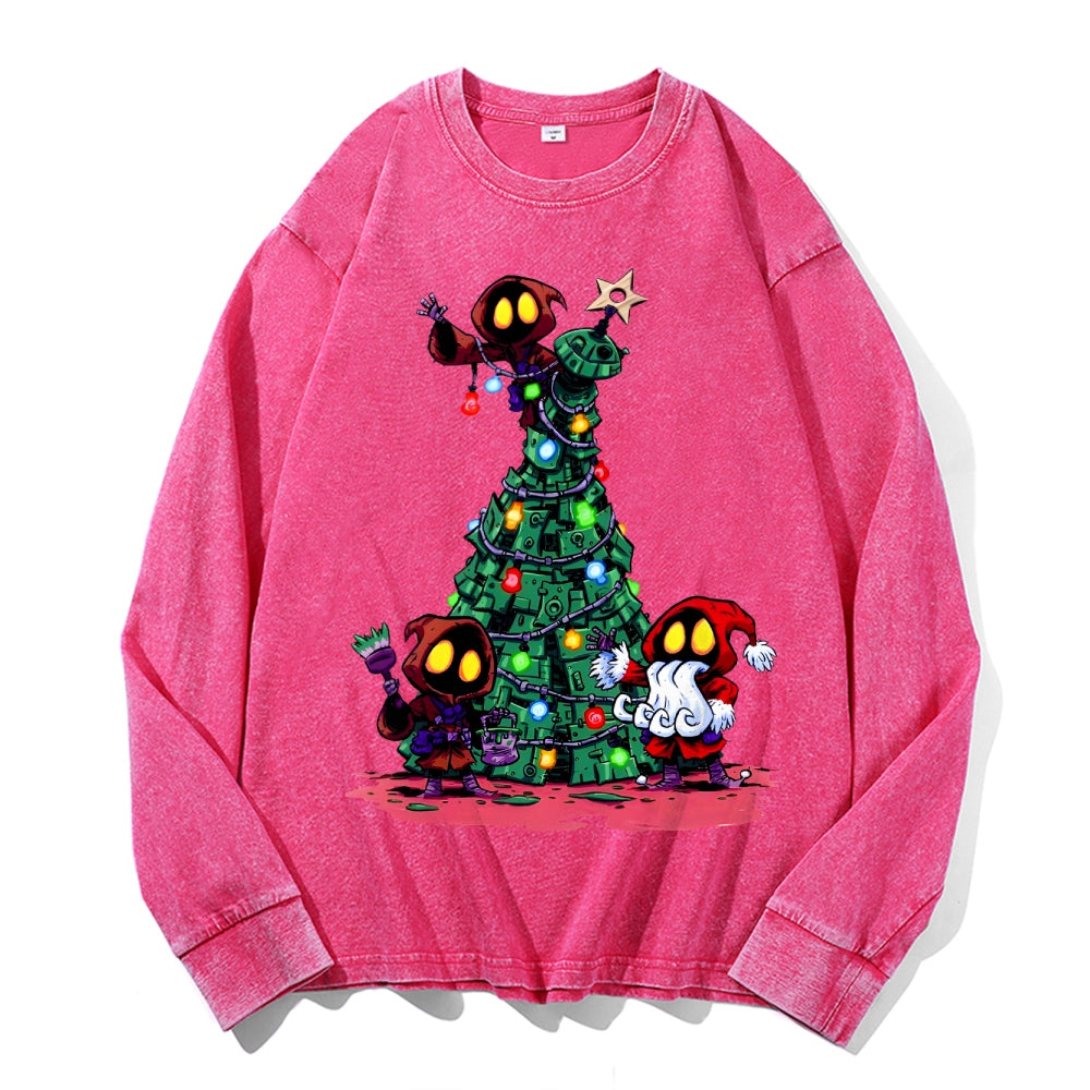 Christmas Tree Vintage Cotton Wash Crewneck Long-Sleeve T-Shirt