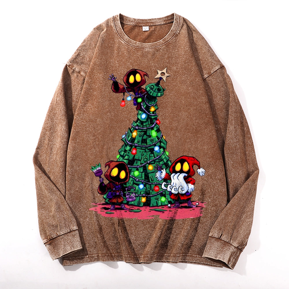 Christmas Tree Vintage Cotton Wash Crewneck Long-Sleeve T-Shirt
