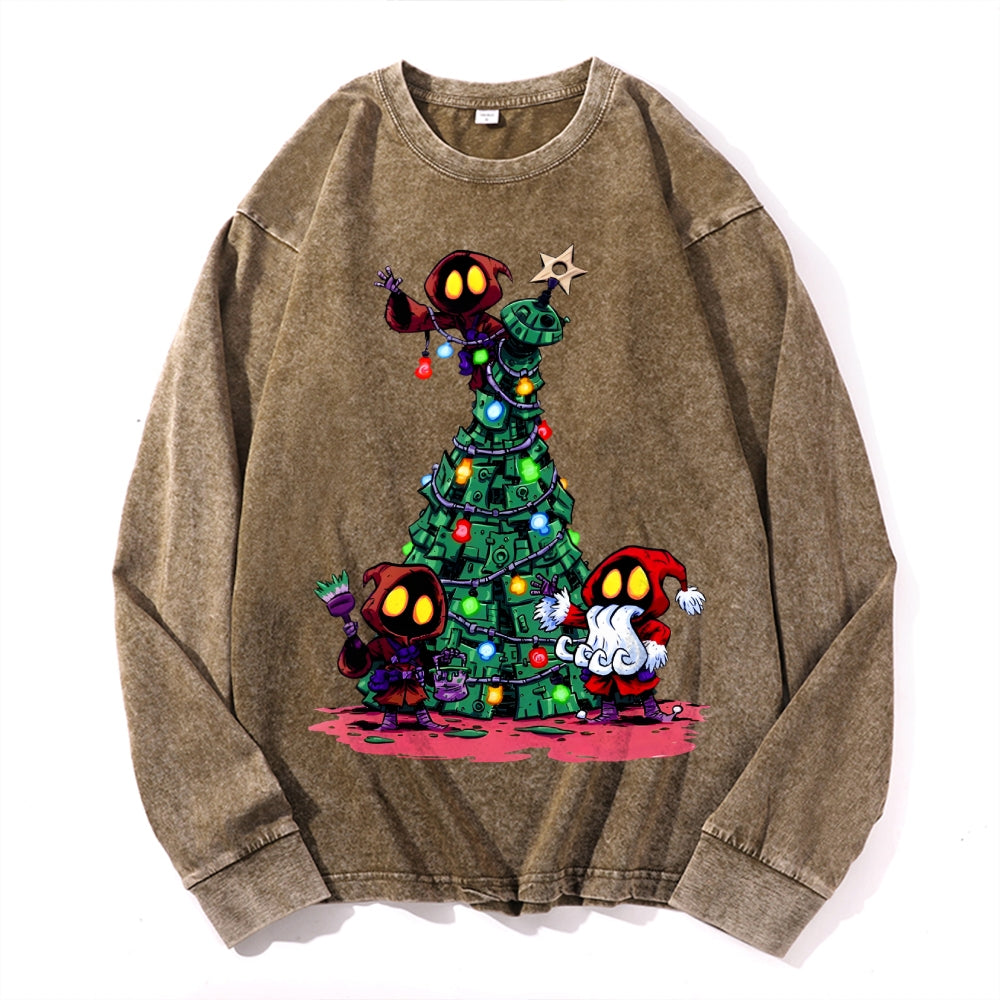 Christmas Tree Vintage Cotton Wash Crewneck Long-Sleeve T-Shirt
