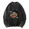 Fat Cat Eating Ramen Vintage Cotton Wash Crewneck Long-Sleeve T-Shirt