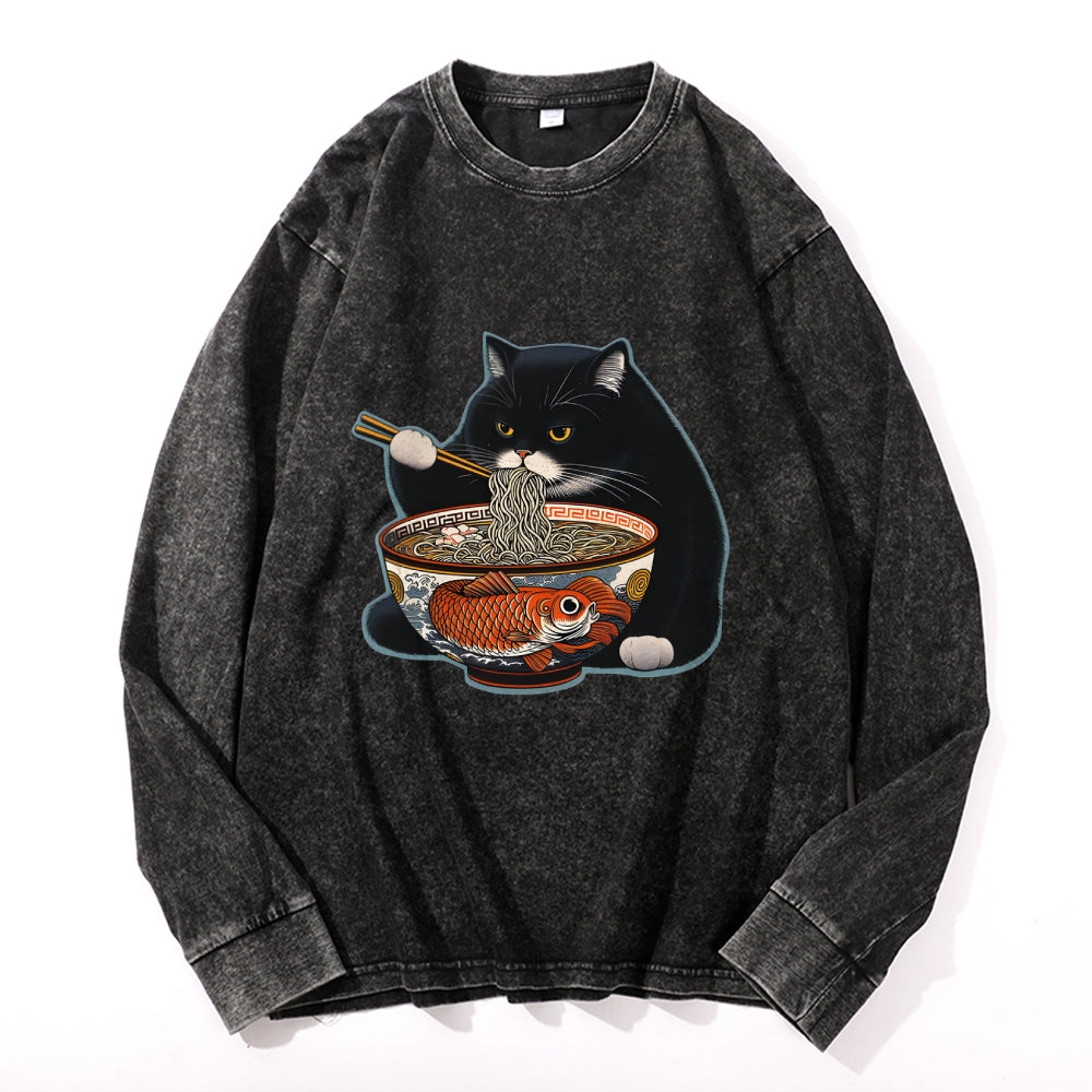 Fat Cat Eating Ramen Vintage Cotton Wash Crewneck Long-Sleeve T-Shirt