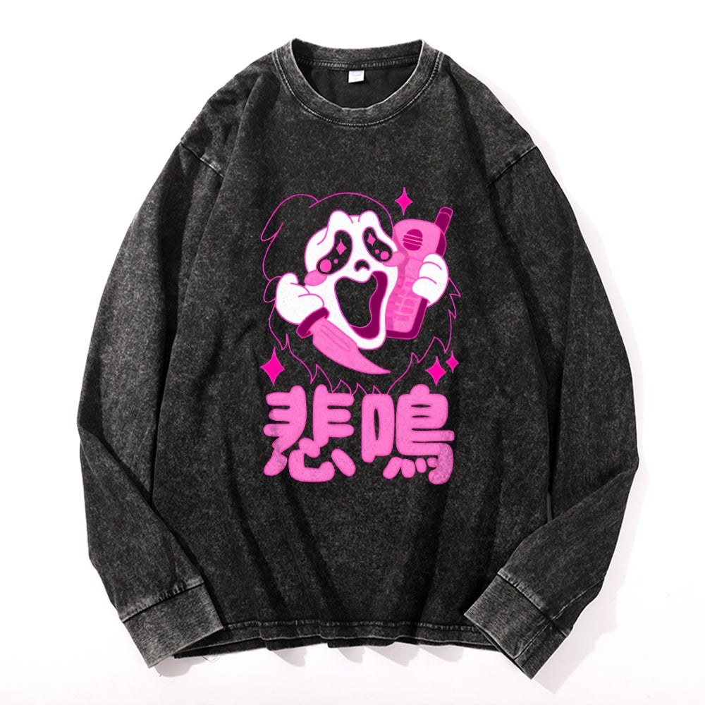 Faceless Man Yokai Vintage Cotton Wash Crewneck Long-Sleeve T-Shirt