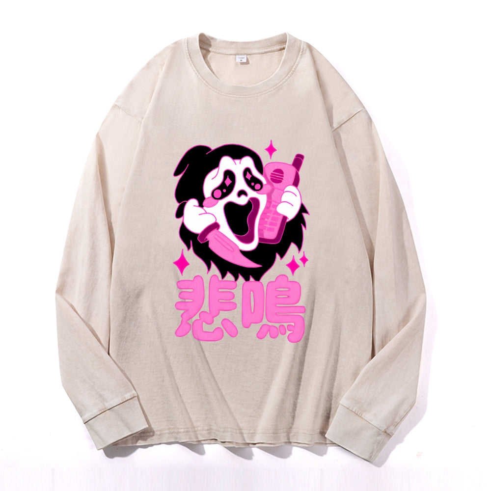 Faceless Man Yokai Vintage Cotton Wash Crewneck Long-Sleeve T-Shirt