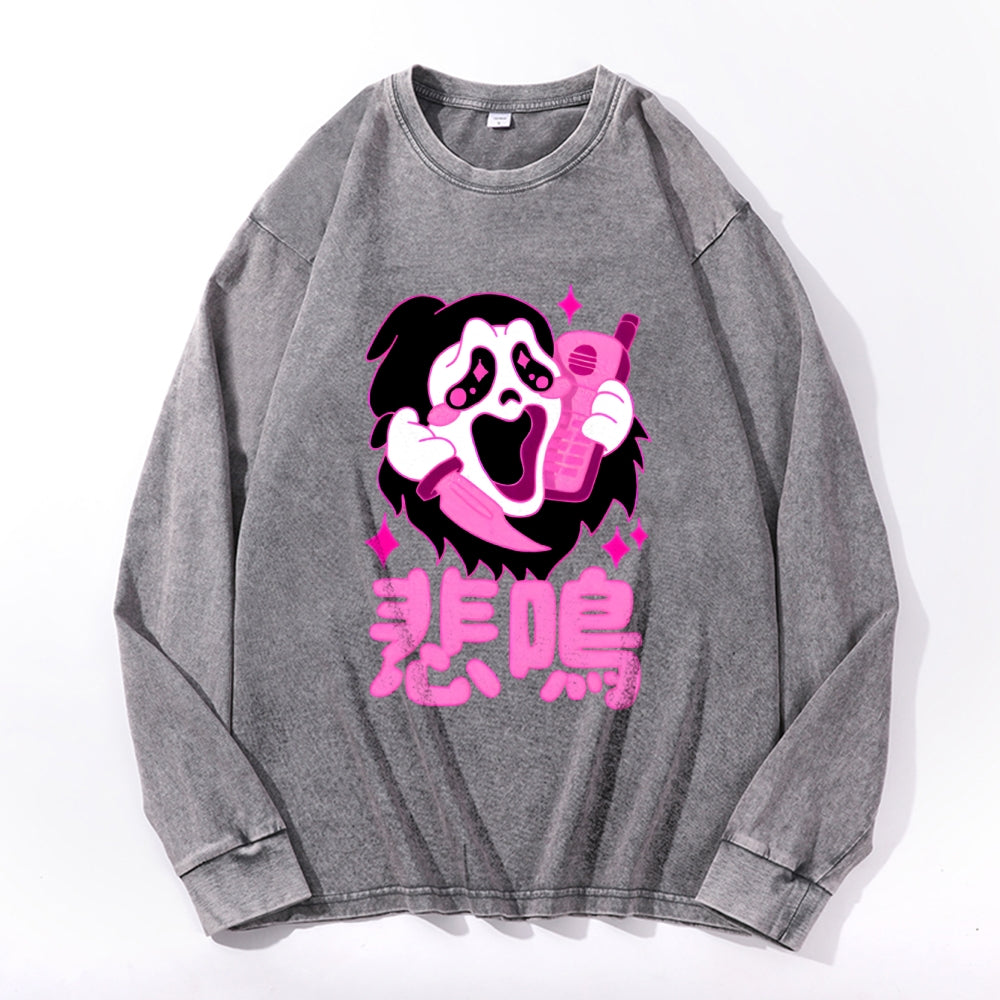 Faceless Man Yokai Vintage Cotton Wash Crewneck Long-Sleeve T-Shirt