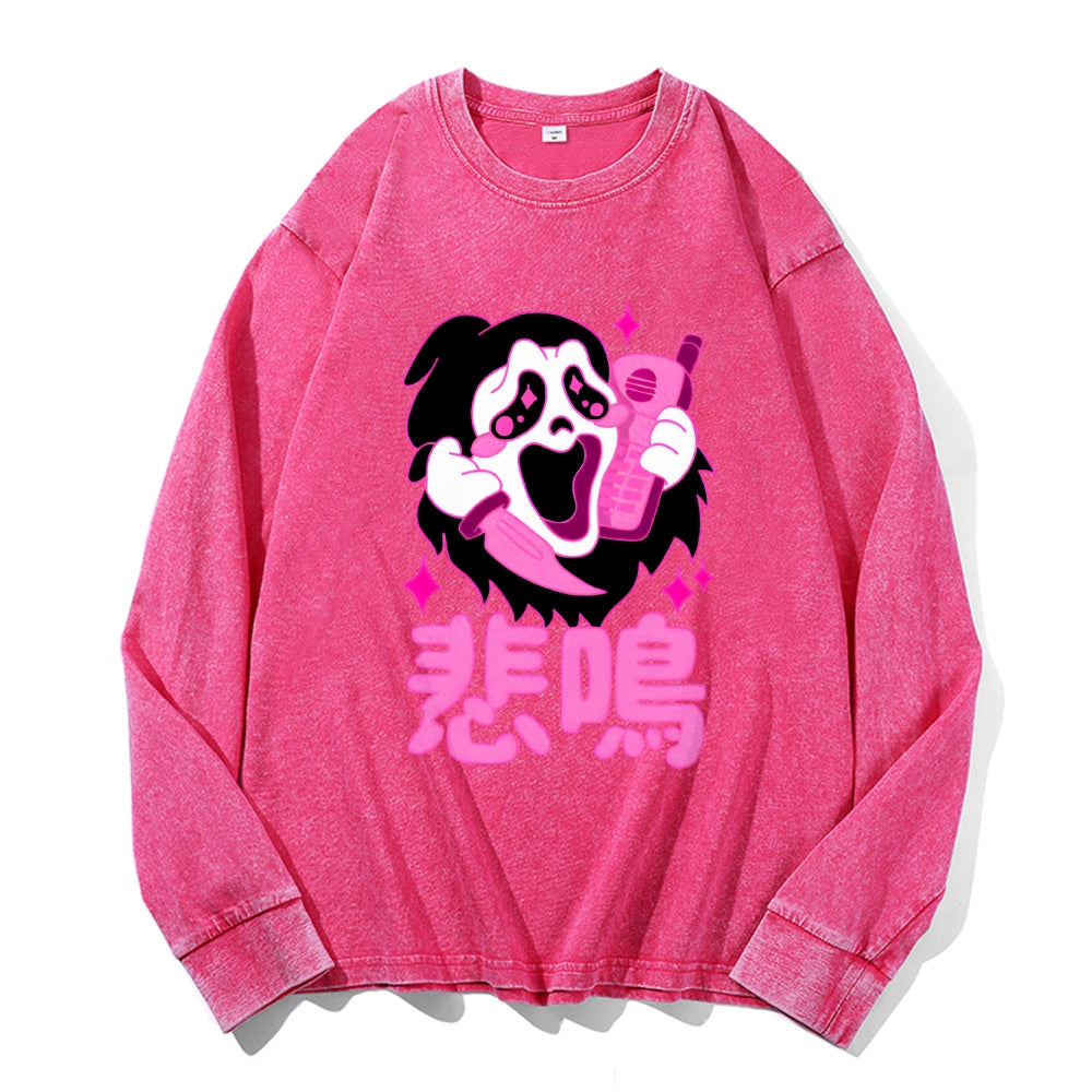 Faceless Man Yokai Vintage Cotton Wash Crewneck Long-Sleeve T-Shirt