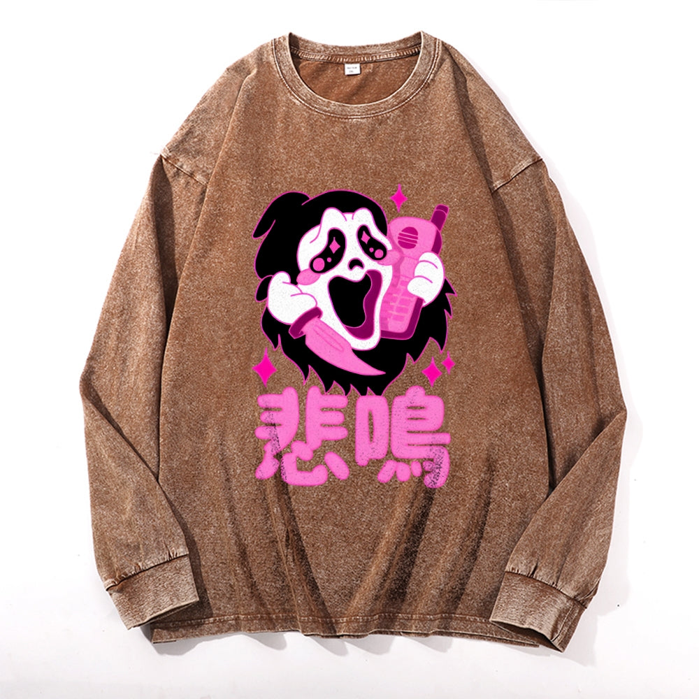 Faceless Man Yokai Vintage Cotton Wash Crewneck Long-Sleeve T-Shirt
