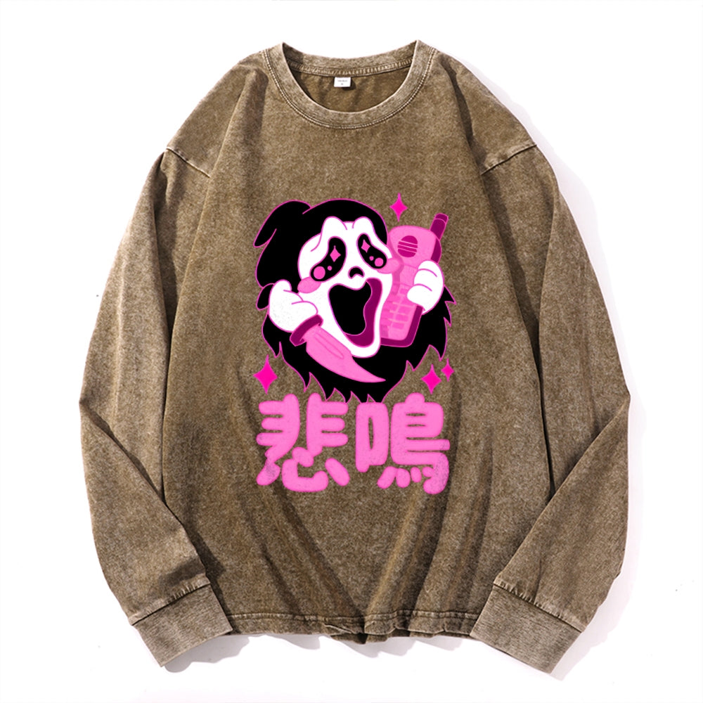 Faceless Man Yokai Vintage Cotton Wash Crewneck Long-Sleeve T-Shirt