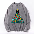 Christmas Yarn Cat Vintage Cotton Wash Crewneck Long-Sleeve T-Shirt